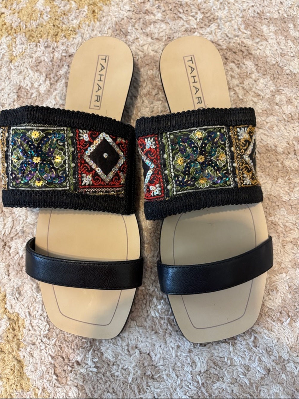 Tahari Black Embroidered Beaded Slide Sandals